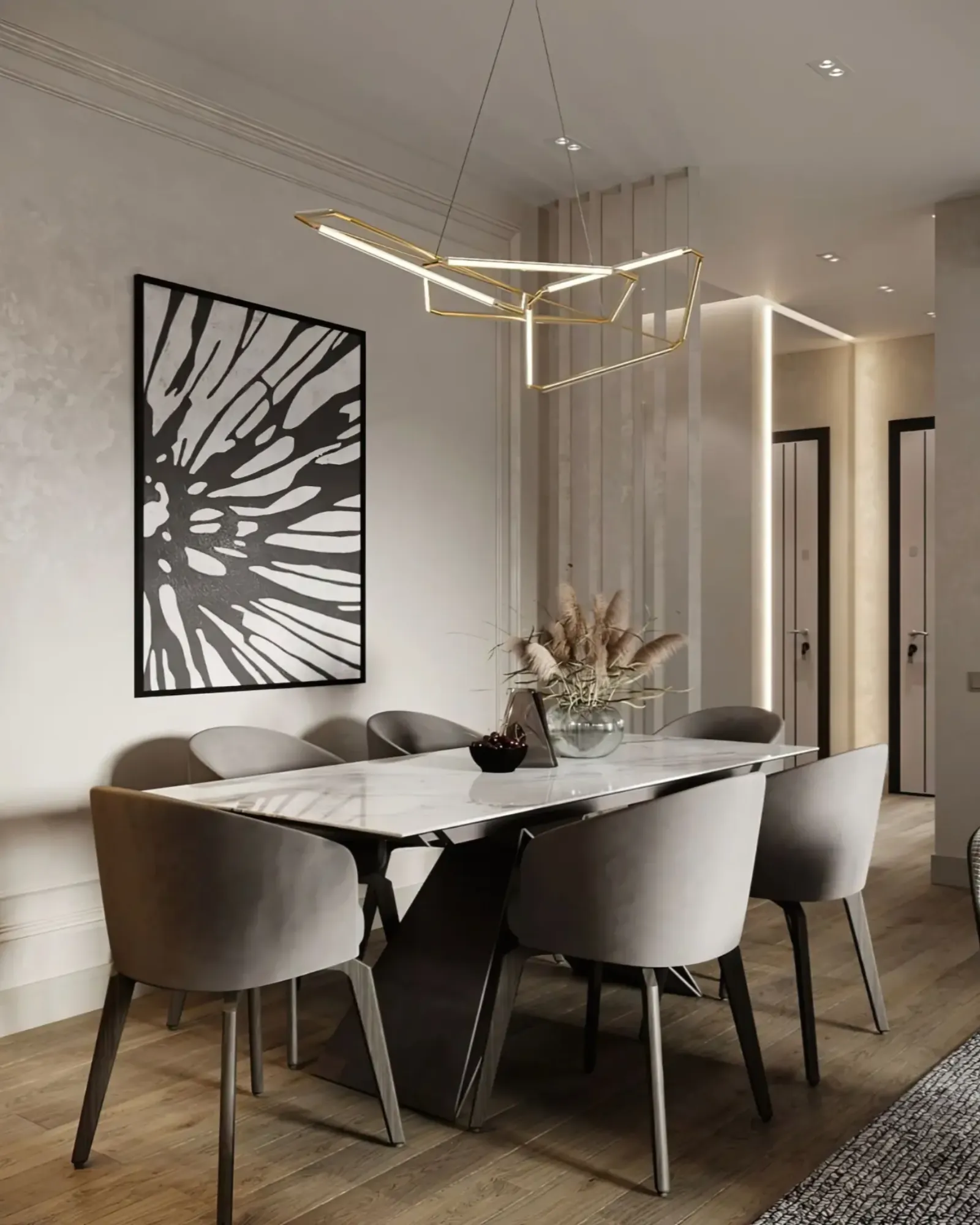 un-comedor-con-una-mesa-y-sillas-y-una-pintura-en-la-pared